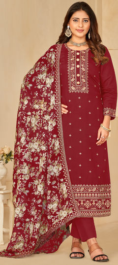 Red and Maroon color Salwar Kameez in Art Silk fabric with Embroidered, Sequence, Thread work