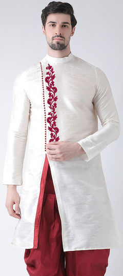 White and Off White color Kurta in Dupion Silk fabric with Embroidered, Thread work