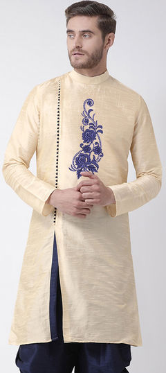 Beige and Brown color Kurta in Dupion Silk fabric with Embroidered, Thread work