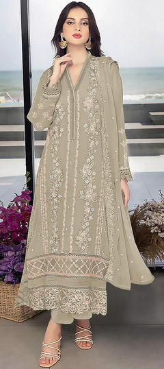 Beige and Brown color Salwar Kameez in Georgette fabric with Appliques, Embroidered, Sequence, Thread work