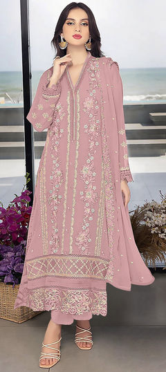 Pink and Majenta color Salwar Kameez in Georgette fabric with Embroidered, Sequence, Thread work