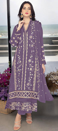 Purple and Violet color Salwar Kameez in Georgette fabric with Appliques, Embroidered, Sequence, Thread work