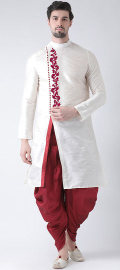 White and Off White color Dhoti Kurta in Dupion Silk fabric with Embroidered, Thread work