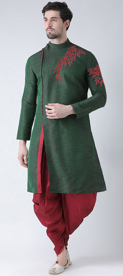 Green color Dhoti Kurta in Dupion Silk fabric with Embroidered, Thread work