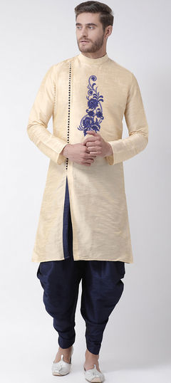 Beige and Brown color Dhoti Kurta in Dupion Silk fabric with Embroidered, Thread work