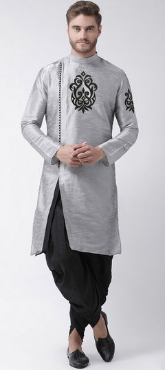 Black and Grey color Dhoti Kurta in Dupion Silk fabric with Embroidered, Thread work