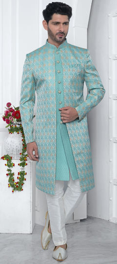 Blue color IndoWestern Dress in Jacquard fabric with Weaving work