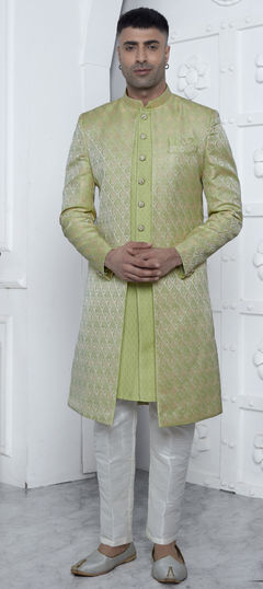 Green color IndoWestern Dress in Jacquard fabric with Weaving work