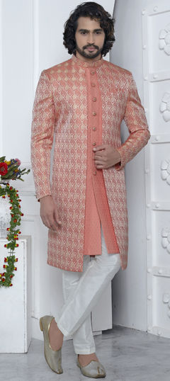 Pink and Majenta color IndoWestern Dress in Jacquard fabric with Weaving work