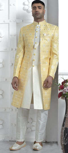 Yellow color IndoWestern Dress in Jacquard fabric with Weaving work