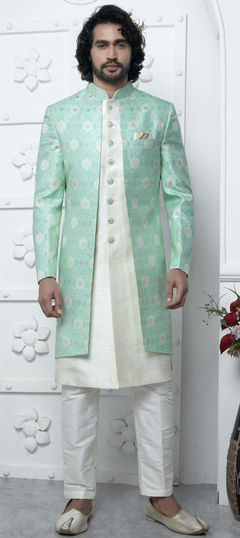 Green color IndoWestern Dress in Jacquard fabric with Weaving work