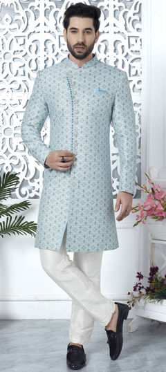 Blue color IndoWestern Dress in Jacquard fabric with Weaving work