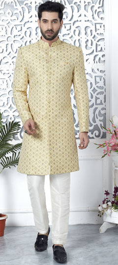 Yellow color IndoWestern Dress in Jacquard fabric with Weaving work