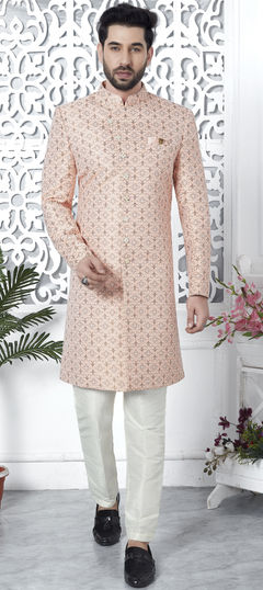 Pink and Majenta color IndoWestern Dress in Jacquard fabric with Weaving work