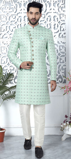 Green color IndoWestern Dress in Jacquard fabric with Weaving work