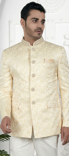 Party Wear Beige and Brown color Nehru Jacket in Jacquard fabric with Embroidered, Weaving work : 1926075