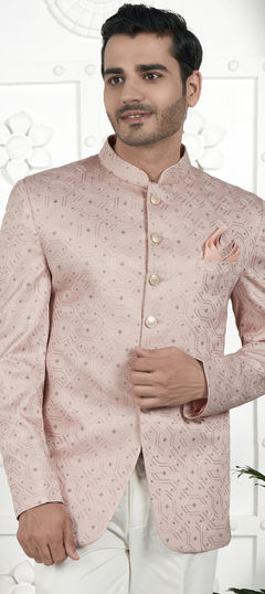 Pink and Majenta color Nehru Jacket in Art Silk fabric with Embroidered, Thread work