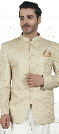 Green color Nehru Jacket in Art Silk fabric with Embroidered, Thread work