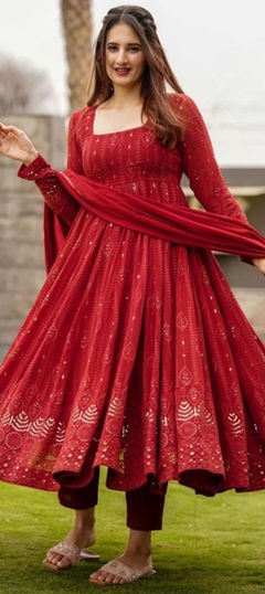 Red and Maroon color Salwar Kameez in Faux Georgette fabric with Sequence, Thread work