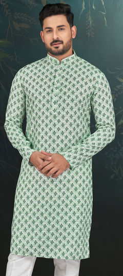 Green color Kurta in Rayon fabric with Digital Print, Embroidered, Thread work