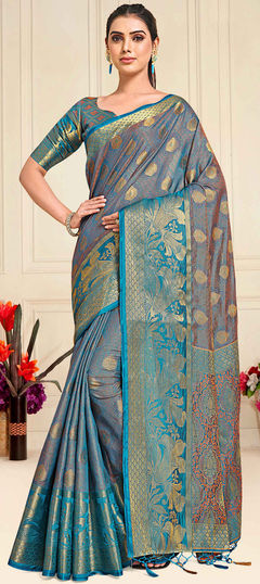 Bridal, Engagement, Wedding Blue color Saree in Kanjeevaram Silk fabric with South Thread, Weaving, Zari work : 1926117