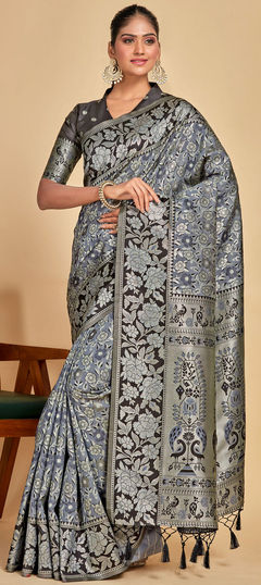 Black and Grey color Saree in Kanjeevaram Silk fabric with Thread, Weaving, Zari work