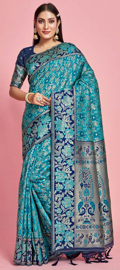 Blue color Saree in Kanjeevaram Silk fabric with Thread, Weaving, Zari work