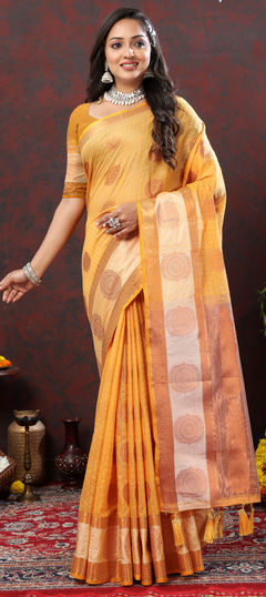 Party Wear, Traditional Yellow color Saree in Cotton fabric with Bengali Weaving, Zari work : 1926137