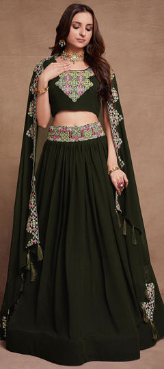 Mehendi Sangeet, Reception, Wedding Green color Lehenga in Georgette fabric with Flared Embroidered, Sequence, Thread work : 1926158