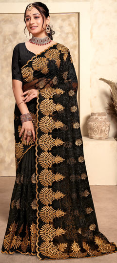 Black and Grey color Saree in Net fabric with Embroidered, Resham, Stone, Thread, Zari work