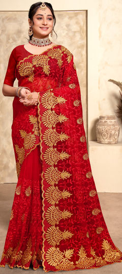 Red and Maroon color Saree in Net fabric with Embroidered, Resham, Stone, Thread, Zari work