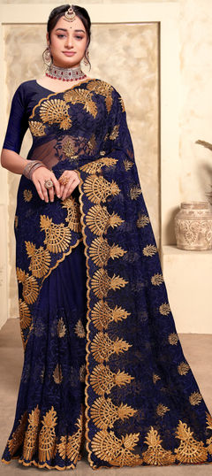 Blue color Saree in Net fabric with Embroidered, Resham, Stone, Thread, Zari work