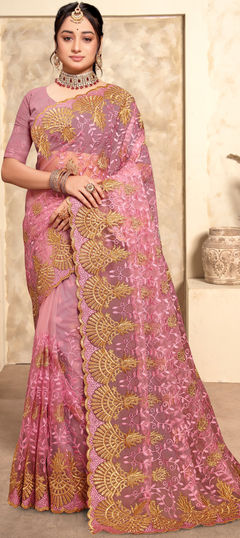 Pink and Majenta color Saree in Net fabric with Embroidered, Resham, Stone, Thread, Zari work