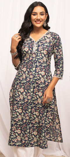 Blue color Kurti in Cotton fabric with Floral, Printed work