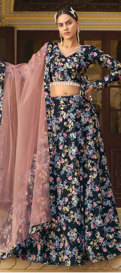 Festive, Mehendi Sangeet, Party Wear Black and Grey color Lehenga in Silk fabric with A Line Floral, Printed work : 1926249