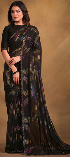 Black and Grey color Saree in Georgette fabric with Border work