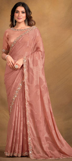 Pink and Majenta color Saree in Georgette fabric with Embroidered, Moti, Sequence, Stone, Thread work