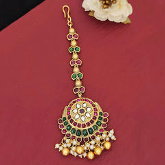 Gold Rodium Polish Green, Red and Maroon color Mang Tikka in Metal Alloy studded with CZ Diamond, Pearl