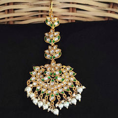 Gold Rodium Polish Green, White and Off White color Mang Tikka in Metal Alloy studded with CZ Diamond