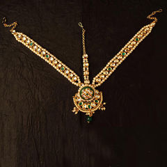 Gold Rodium Polish Green color Mang Tikka in Metal Alloy studded with CZ Diamond
