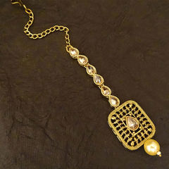 Gold Rodium Polish Yellow color Mang Tikka in Metal Alloy studded with CZ Diamond