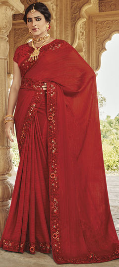 Red and Maroon color Saree in Chiffon fabric with Embroidered, Mirror, Thread work