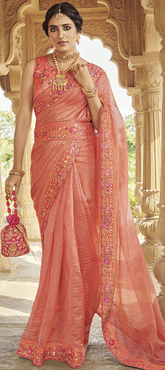 Pink and Majenta color Saree in Chiffon fabric with Embroidered, Mirror, Thread work