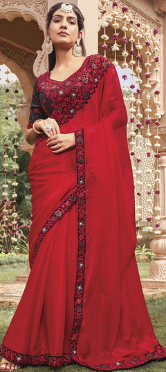 Red and Maroon color Saree in Shimmer fabric with Embroidered, Thread work