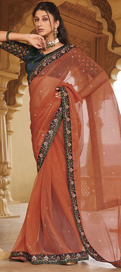 Festive, Party Wear, Reception Orange color Saree in Shimmer fabric with Classic Embroidered, Swarovski, Thread work : 1926365