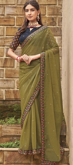 Festive, Party Wear, Reception Green color Saree in Shimmer fabric with Classic Embroidered, Swarovski, Thread work : 1926371