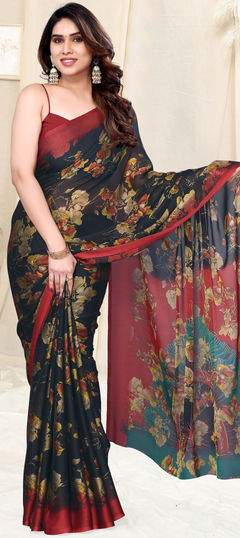 Black and Grey color Saree in Faux Chiffon fabric with Floral, Printed work