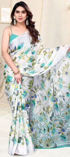 Casual, Party Wear White and Off White color Saree in Chiffon fabric with Classic Floral, Printed work : 1926426