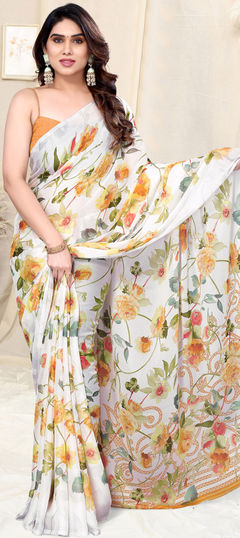 Casual, Party Wear White and Off White color Saree in Chiffon fabric with Classic Floral, Printed work : 1926427