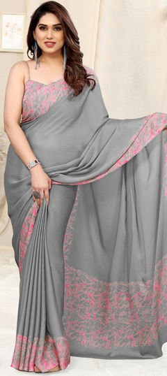 Casual, Party Wear Black and Grey color Saree in Chiffon fabric with Classic Printed work : 1926439